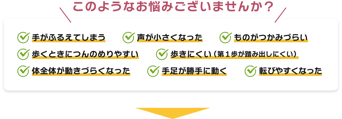 【このようなお悩みございませんか？】手がふるえてしまう、声が小さくなった、ものがつかみづらい、歩くときにつんのめりやすい、歩きにくい（第1歩が踏み出しにくい）、体全体が動きづらくなった、手足が勝手に動く転びやすくなった